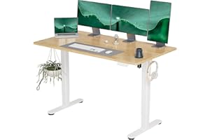 INNOVAR Solid Wood Electric Standing Desk, 55x24 Inches Adjustable Height Stand up Desk with Whole Piece Desktop, Sit Stand Home Office Desk White Frame/Nature Top