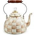 MACKENZIE-CHILDS Enamel Tea Kettle, Stylish Tea Kettle for Stovetop, Brown-and-White Mocha Check, 3 Quarts