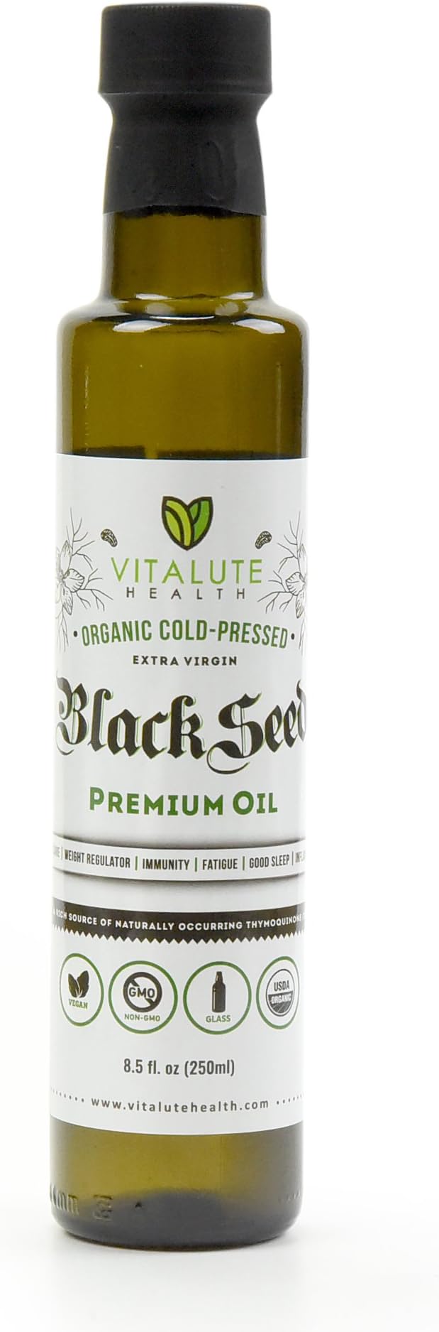 Vitalute Health Black Seed Oil - 8.5 fl.oz (250ml) - Organic, Cold Pressed, Extra Virgin, Premium Oil, Glass Bottle