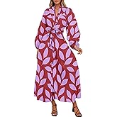 Lazysmile Maxi Dresses for Women 2025 Casual Long Sleeve Button Down Belted Boho Floral Shirt Dress with Pockets