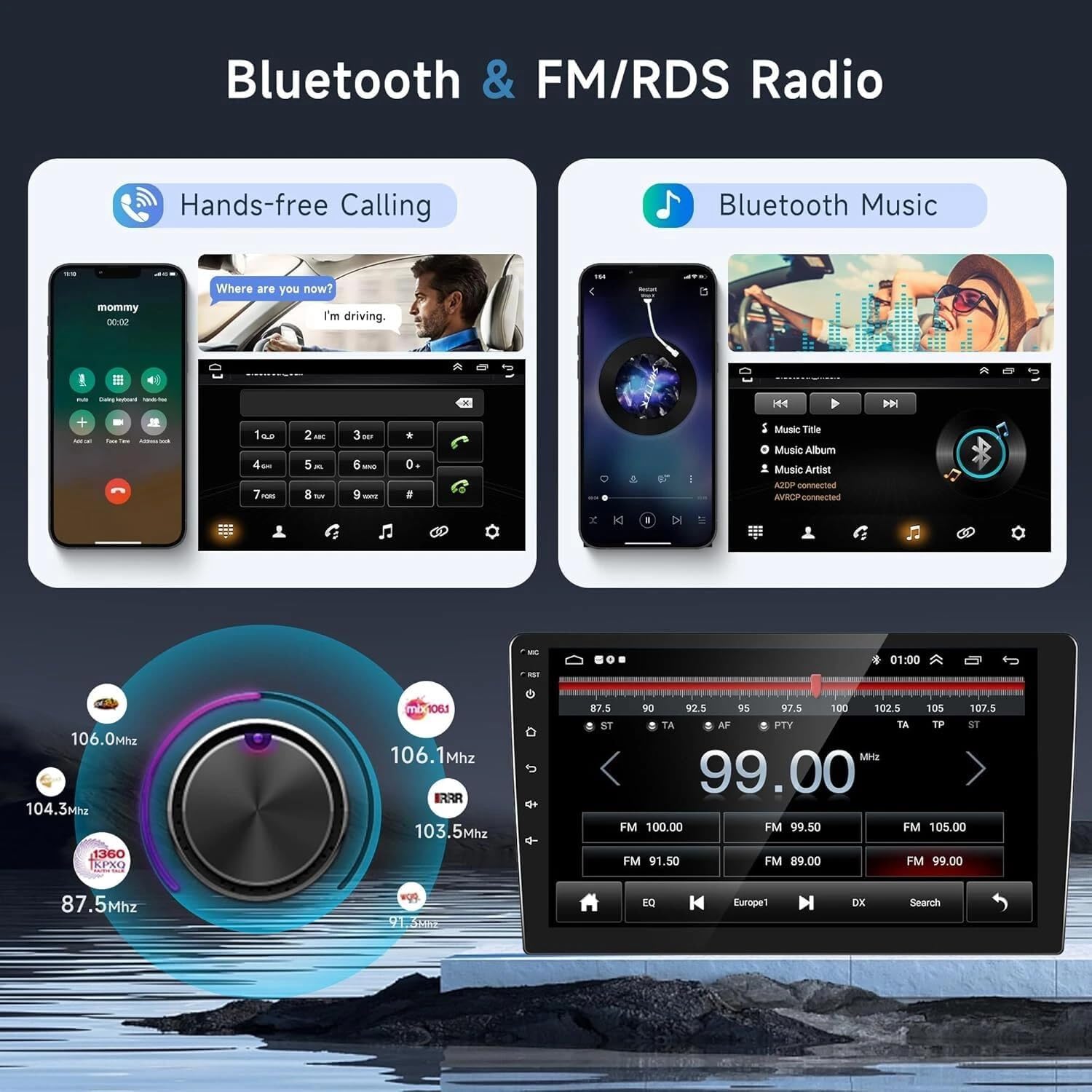 Image showing the car stereo display with Bluetooth calling and music playback interfaces, and an FM radio tuner with frequency display.