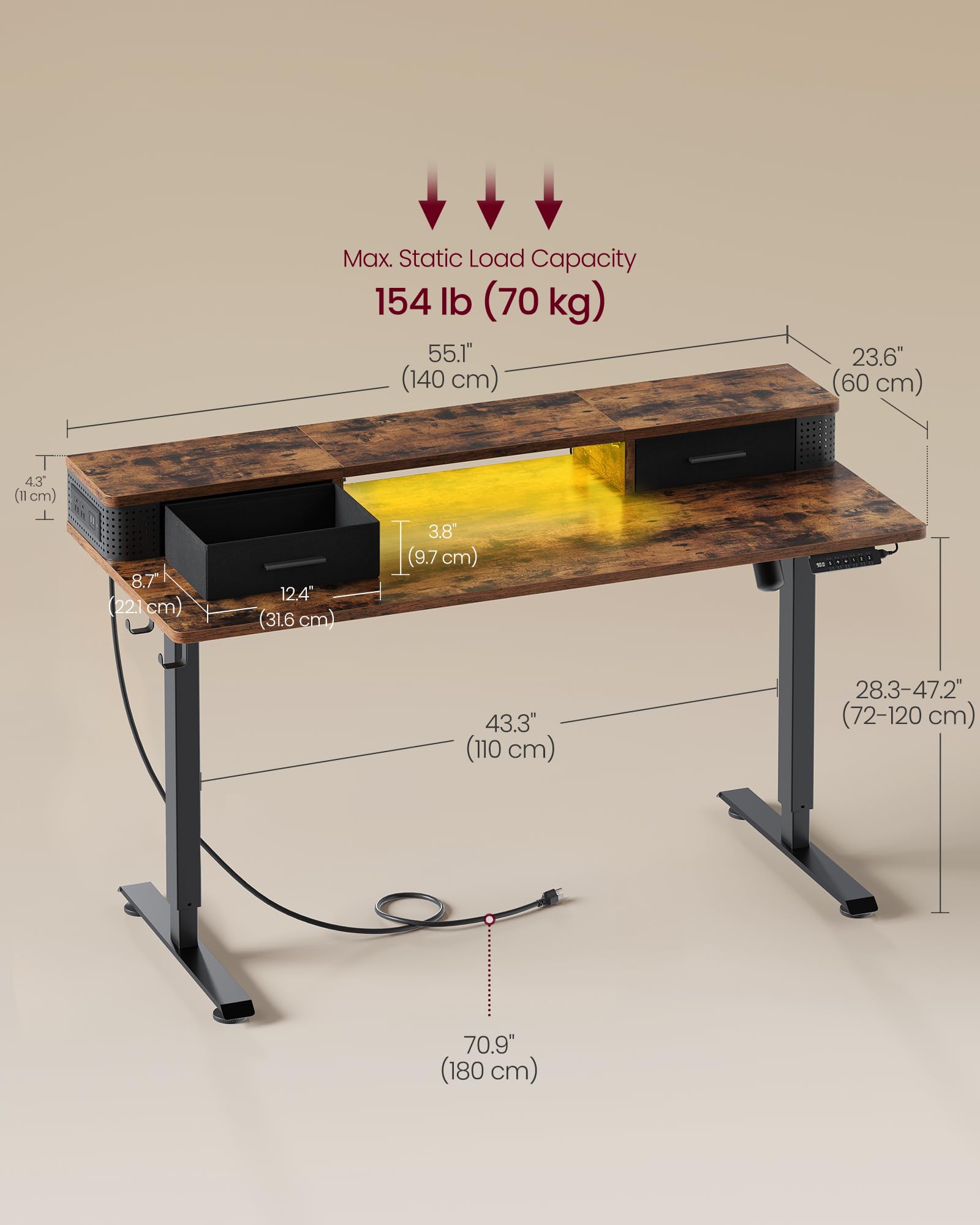 VASAGLE Electric Standing Desk with Drawers, 55.1 x 23.6 Inches, Sit Stand Desk with Power Outlet and LED Lights, Adjustable Height, Storage Shelf, 3 Memory Buttons, for Home Office, Rustic Brown