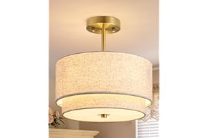EDISHINE 12.6Inch Semi Flush Mount Ceiling Light, 3-Light Close to Ceiling Light Fixtures with Double Drum Linen Fabric Shade