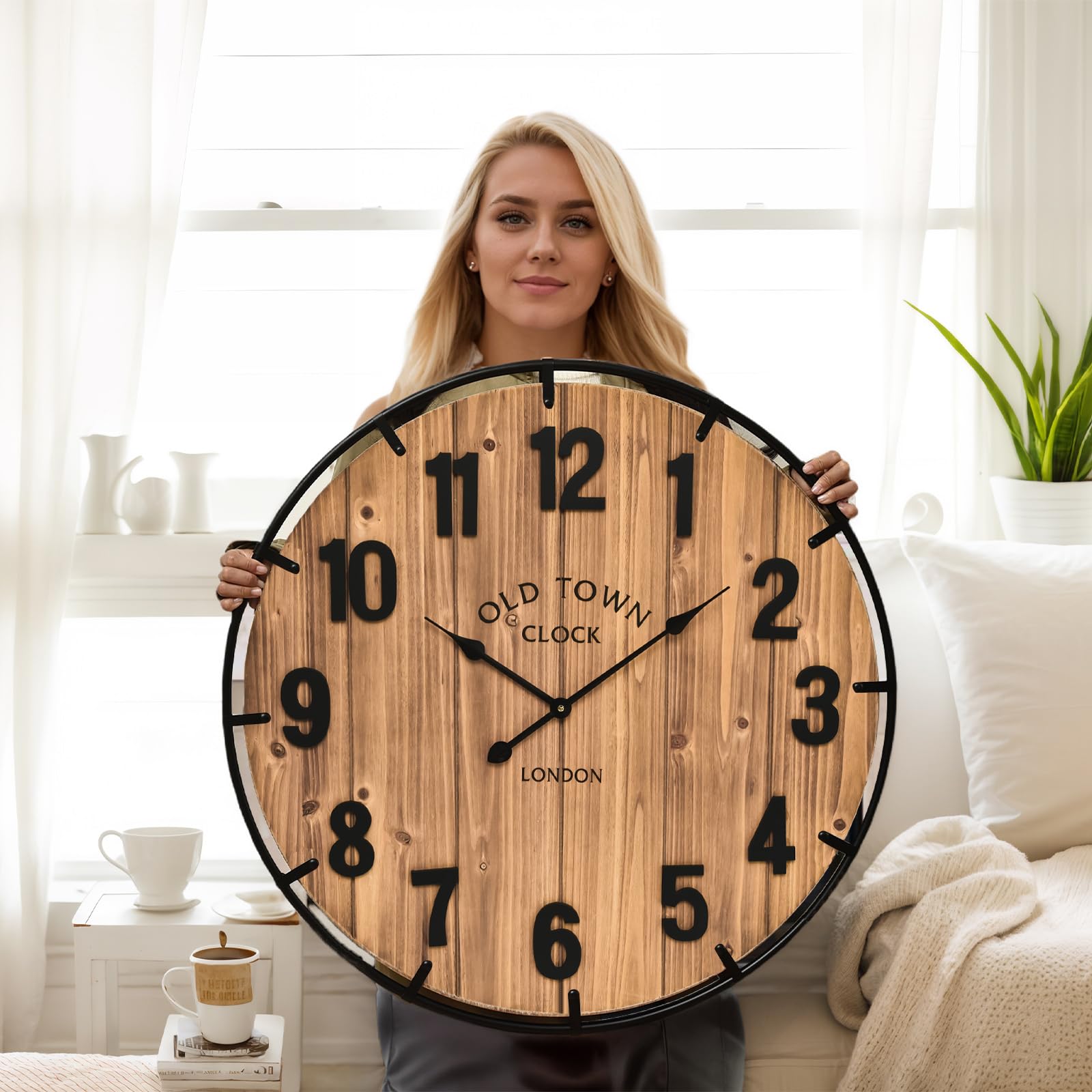 Photo 1 of EMAX HOME Large Old Town Farmhouse Wall Clock 30 Inches Rustic Antique Wood with Metal Circle and Large Numerals Silent Battery Operated 