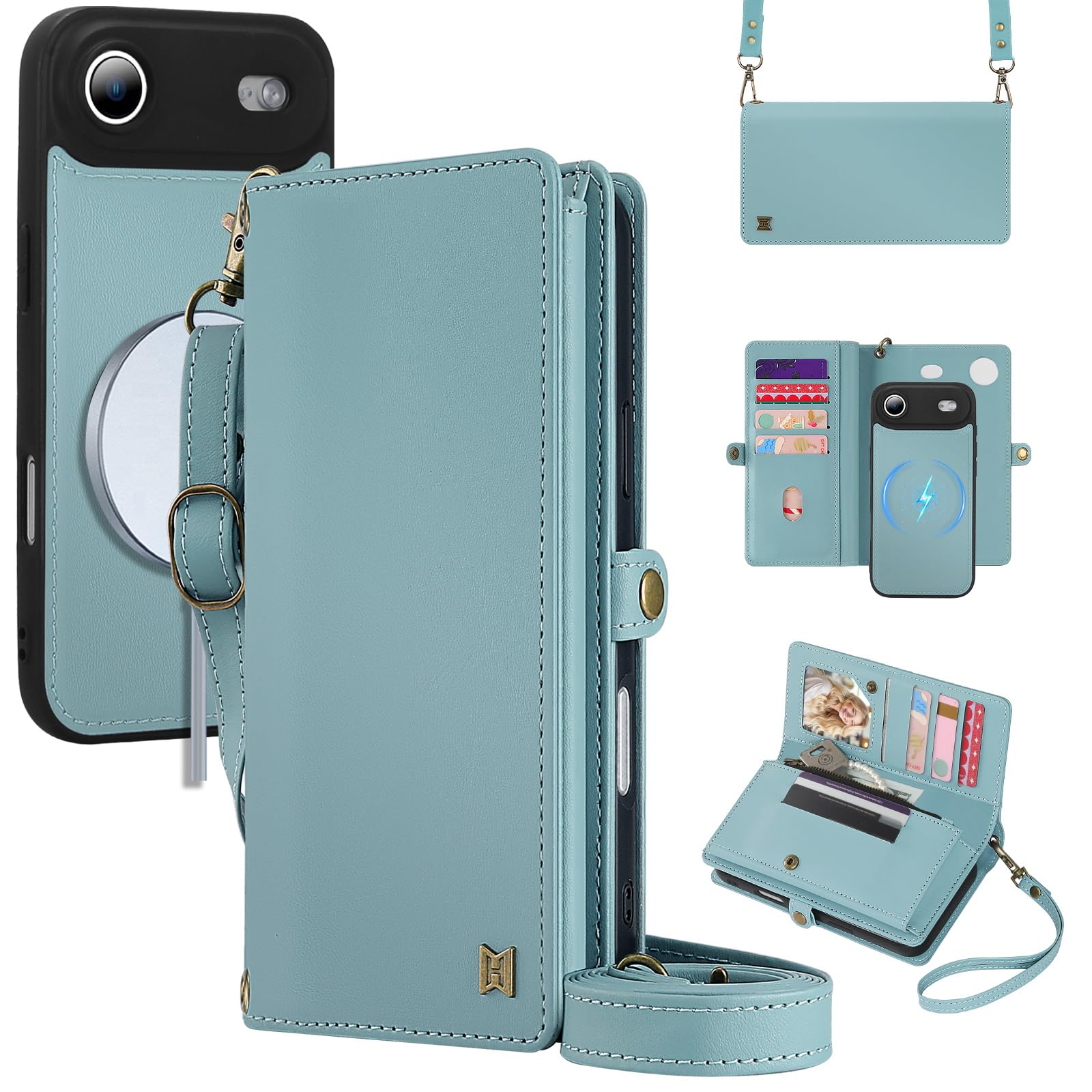 MEGSHI for Wallet Case Compatible with iPhone 17 Air,Multi-Function Detachable 2 in 1 Magnetic iPhone 17 Air Case Wallet,Flip Strap Zipper Card Holder Phone Case with Shoulder Straps (Blue)