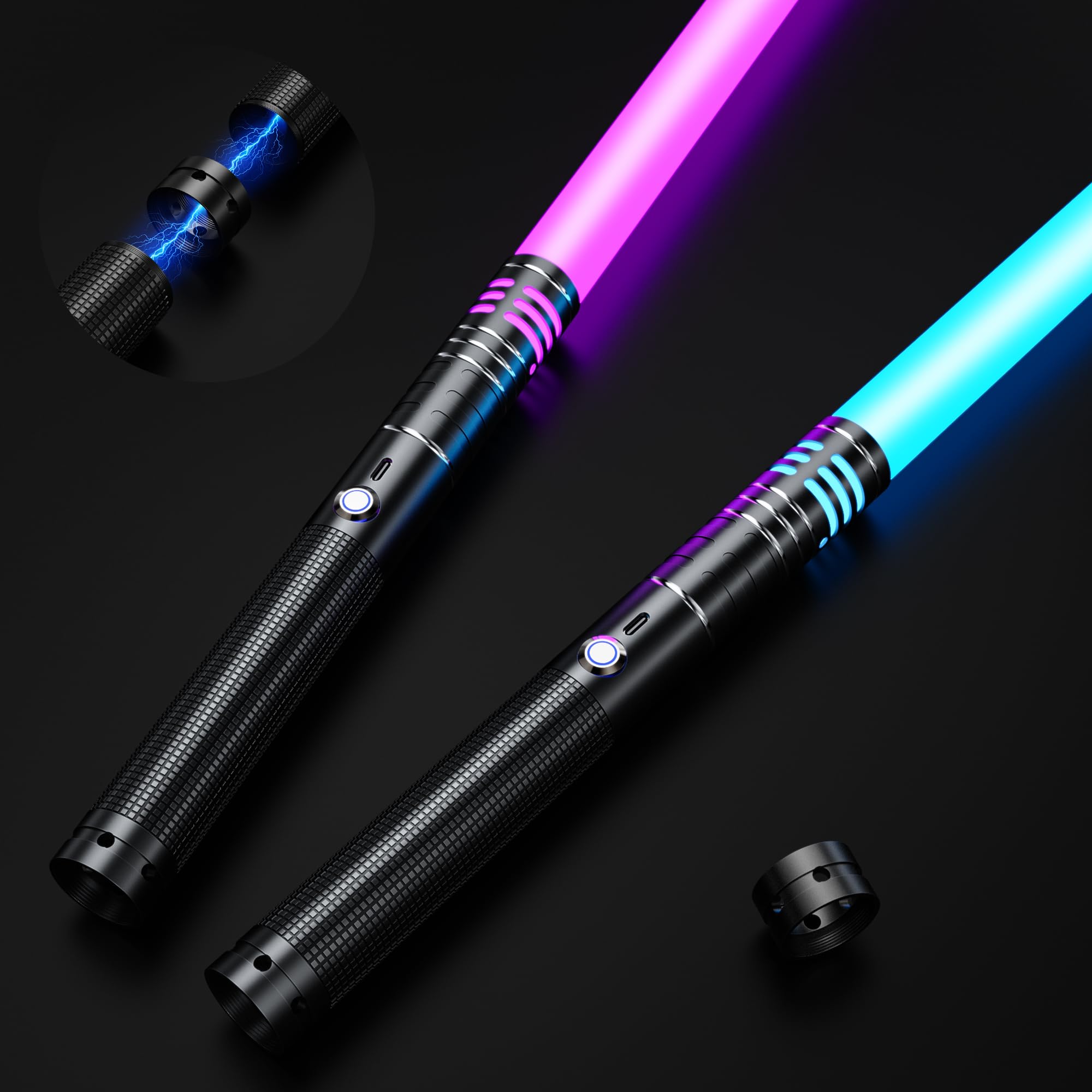 Lightsaber Toy for Kids Adults, Dueling Light Sabers with 16 Colors 4 Modes, Light Saber Light Up Sound Metal Handle Sword, Gifts for Halloween Christmas Decoration (30.7in / 78cm-Black-2 Pcs)