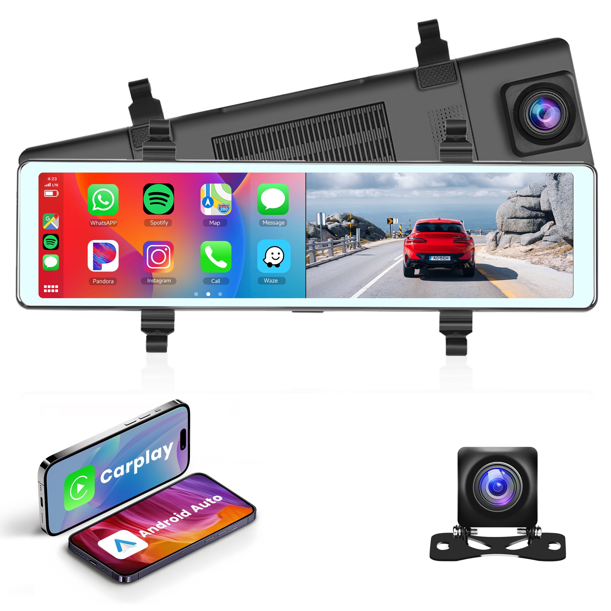 Rimoody Carplay Mirror Dash Cam Android Auto Wireless, 11.26" Touch Screen Rear View Mirror Backup Camera Front Dual Cameras Voice Control Loop Recording FM Transmitter Parking Assistance