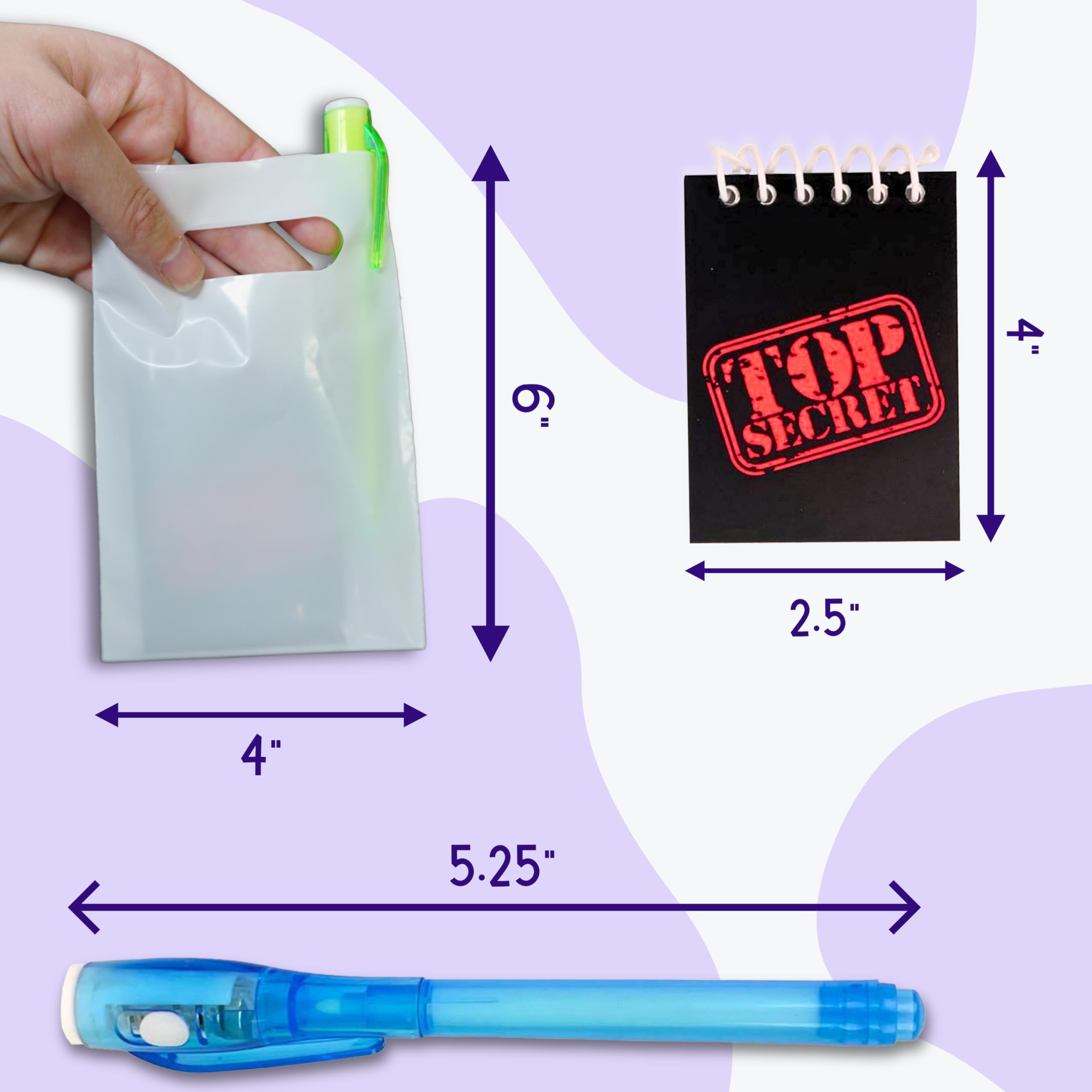4E's Novelty 12 Invisible Ink Pen with UV Light, 12 Mini Top Secret Notebook and 12 White Goodie Bags - Fun Bulk Party Favors for Kids