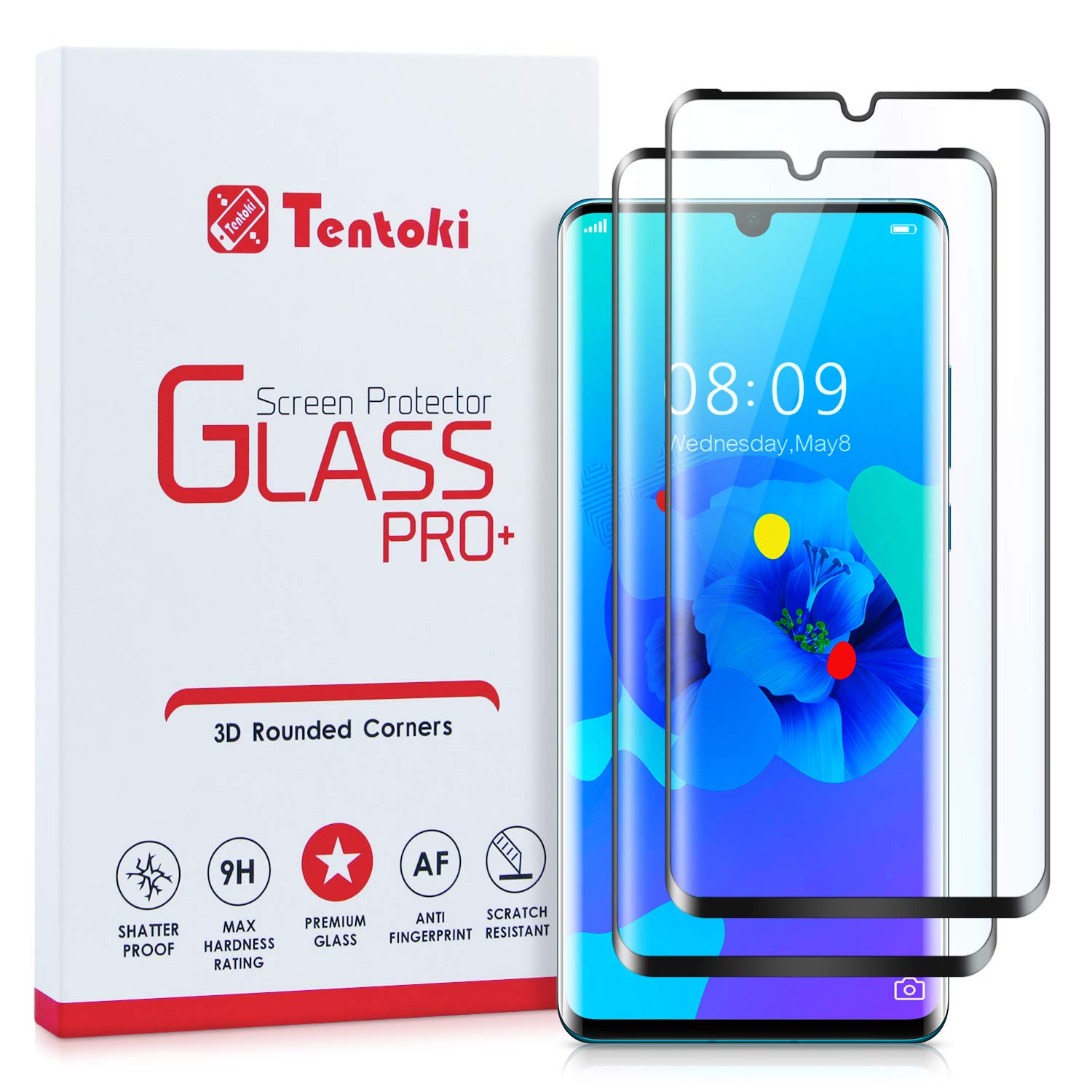 Tentoki Screen Protector Compatible with Huawei P30 Pro, [2-Pack] HD Full Coverage Tempered Glass Screen Protector [Compatible with Fingerprint Sensor] for Huawei P30 Pro