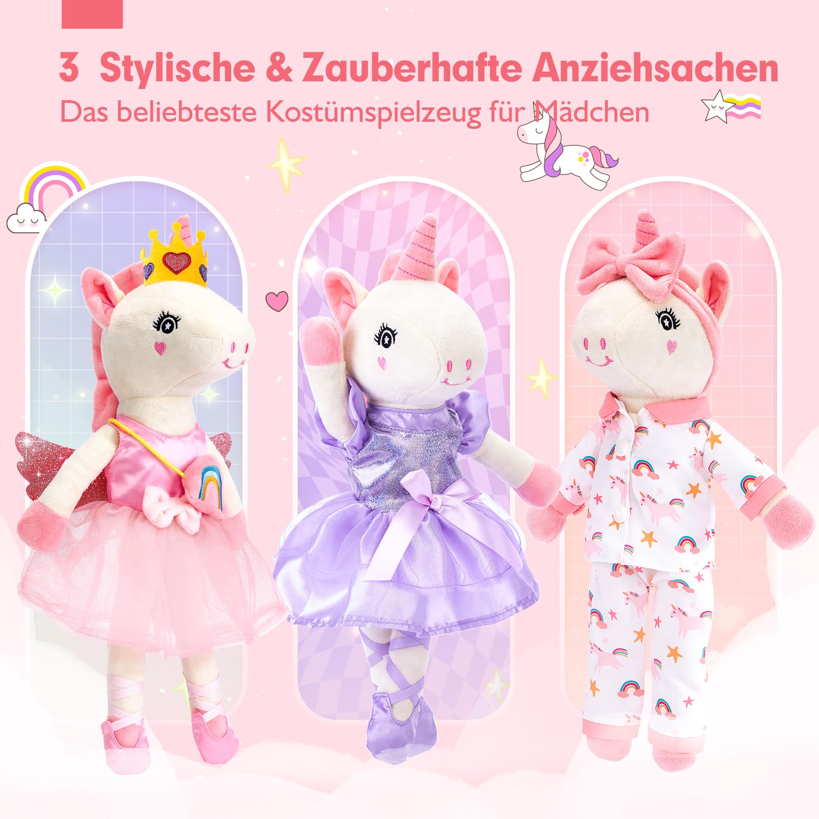 hahaland Plüschtier Einhorn Spielzeug ab 3-8 Jahre,Weiche Ballett Unicorn Stoffpuppe Kuscheln,Einhorns Kuscheltier Set mit 3er-Kleidungsset zum Anziehen,Einhorn Ggeschenke für Mädchen 3 4 5 6 7 Jahre 4