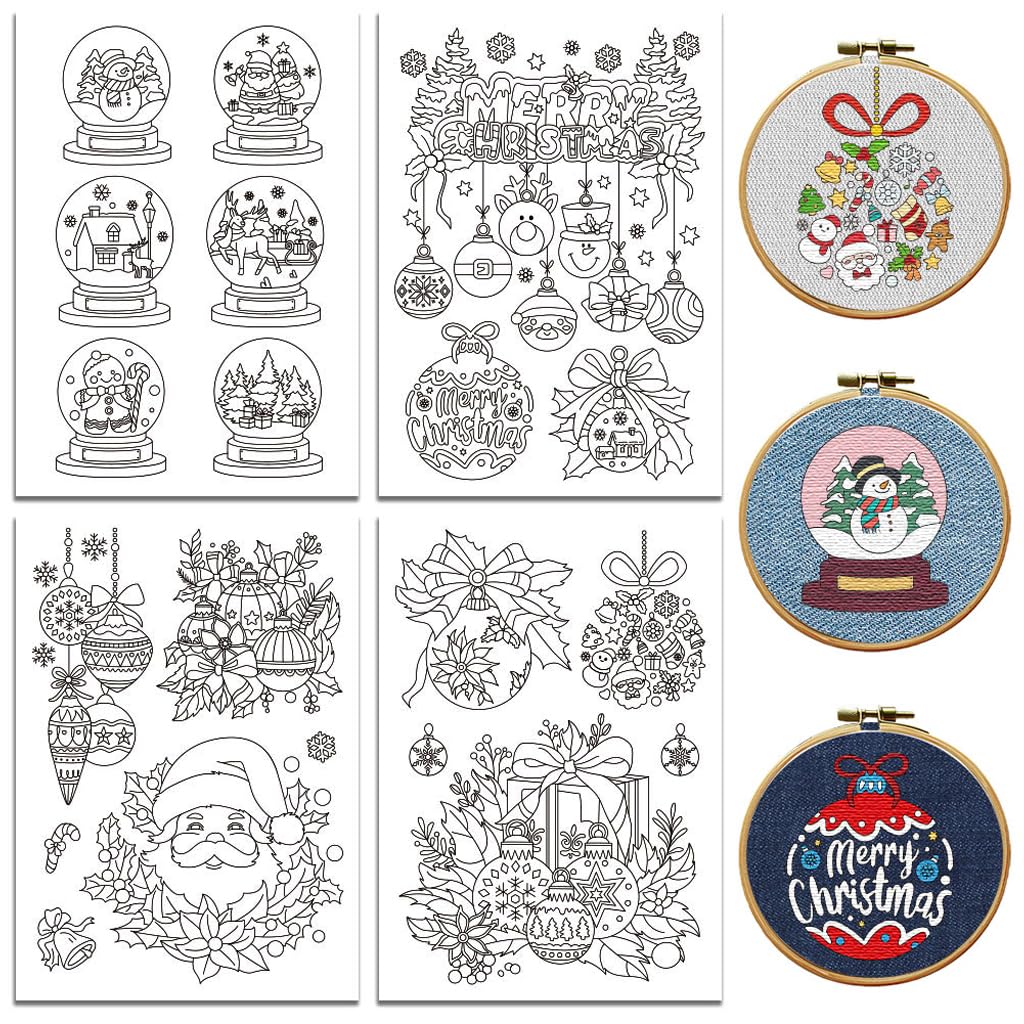 peacoblue Water Soluble Embroidery Patterns for Beginners 4 Sheets Christmas Crystal Ball with 21pcs Patterns, Wash Away Stick and Stitch Dissolvable Embroidery Paper for Hand Sewing Lovers