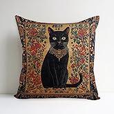 YOU FOUND ME William Morris Abstract Vintage Black Cat Design Throw Pillow Cover Home Decor, Art Deco Pillowcase Cushion Cover for Bed Sofa Living Room, Indoor and Outdoor 18x18inch (Black Cat4)