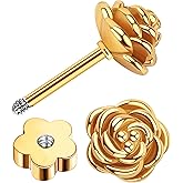Enticera 14K Gold Flower Earrings for Women Hypoallergenic Nap Flat Back Rose Flower Stud Earrings for Sensitive Ears Cute Handmade Cartilage Screw Back Earrings Studs