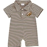 Karuedoo Newborn Baby Boy Football Outfit Embroidery Stripe Button Down Collared Shirt Romper Short Sleeve Jumpsuit Bodysuit