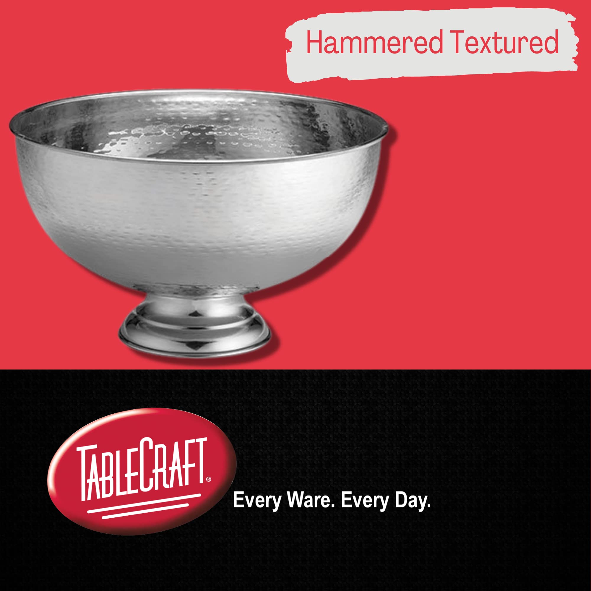 TableCraft Hammered Pedestal Punch Bowl 3.4 Gallon - Stainless Steel Serving Bowl For Champagne & Cocktails