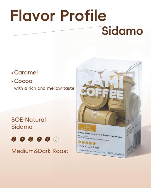 RAMI COFFEE COLD BREW FREEZE DRIED INSTANT COFFEE POWDER, MEDIUM ROAST 100% ARABICA, 6 PORTABLE SINGLE PACKETS FOR HOME TRAVEL BACKPACKING CAMPING