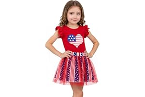 RETSUGO Baby Girls 4th of July Outfit Tulle Tutu Skirts Set Toddler Kids American Flag Heart Print Dress 2-8 Years Old