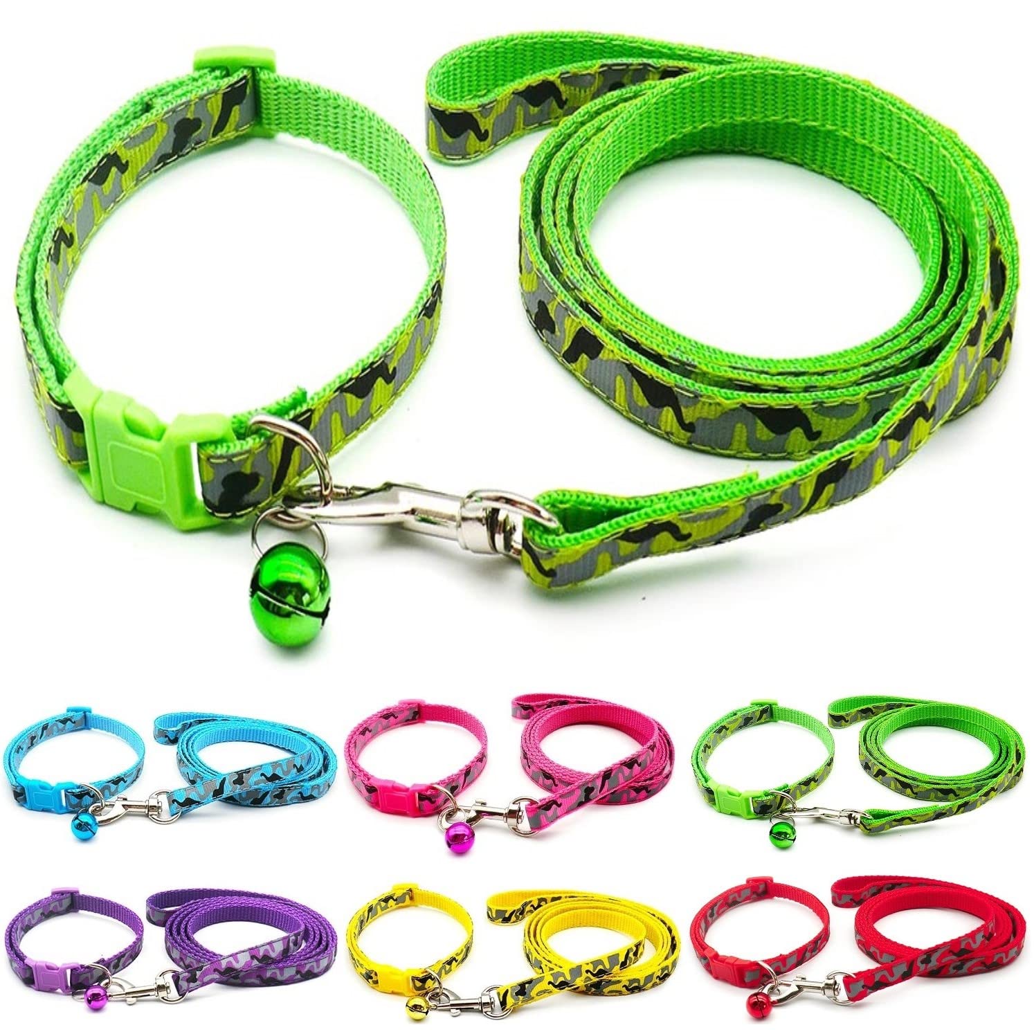 Small Dog Puppy Pet Collar and Lead Set Camo Camouflage Design Nylon Adjustable Size 19-32cm Collar with Bell and 120cm Leash Green