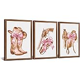 KREATIVE ARTS Large Cowgirl Wall Art Set of 3 Brown Boots Hat Saddle with Pink Bow Canvas Prints with Frame Teen Girl Room Decor Western Aesthetic Wall Decor for Bedroom Dorm Each Panel 16x24 Inch