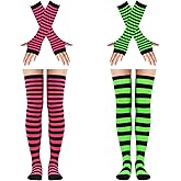 2 Sets Striped Thigh High Socks Leg Warmers Long Knitted Arm Warmers,Knee High Socks for Women Fingerless Gloves for Christmas Halloween Costume (Neon Green Rose Red)