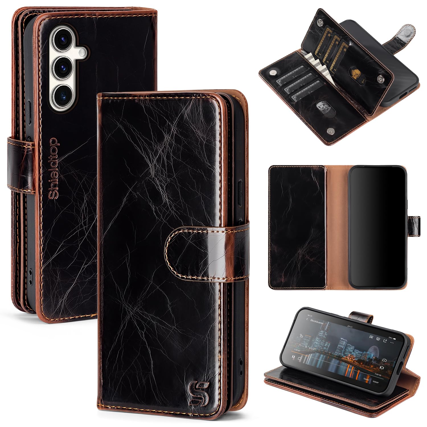 Shieldtop Compatible with Samsung Galaxy S24 Wallet Case with Card Holder,Women Men RFID Blocking PU Leather Flip TPU Protective Cover Credit Card Slots,Phone Case for Galaxy S24 6.2",Coffee