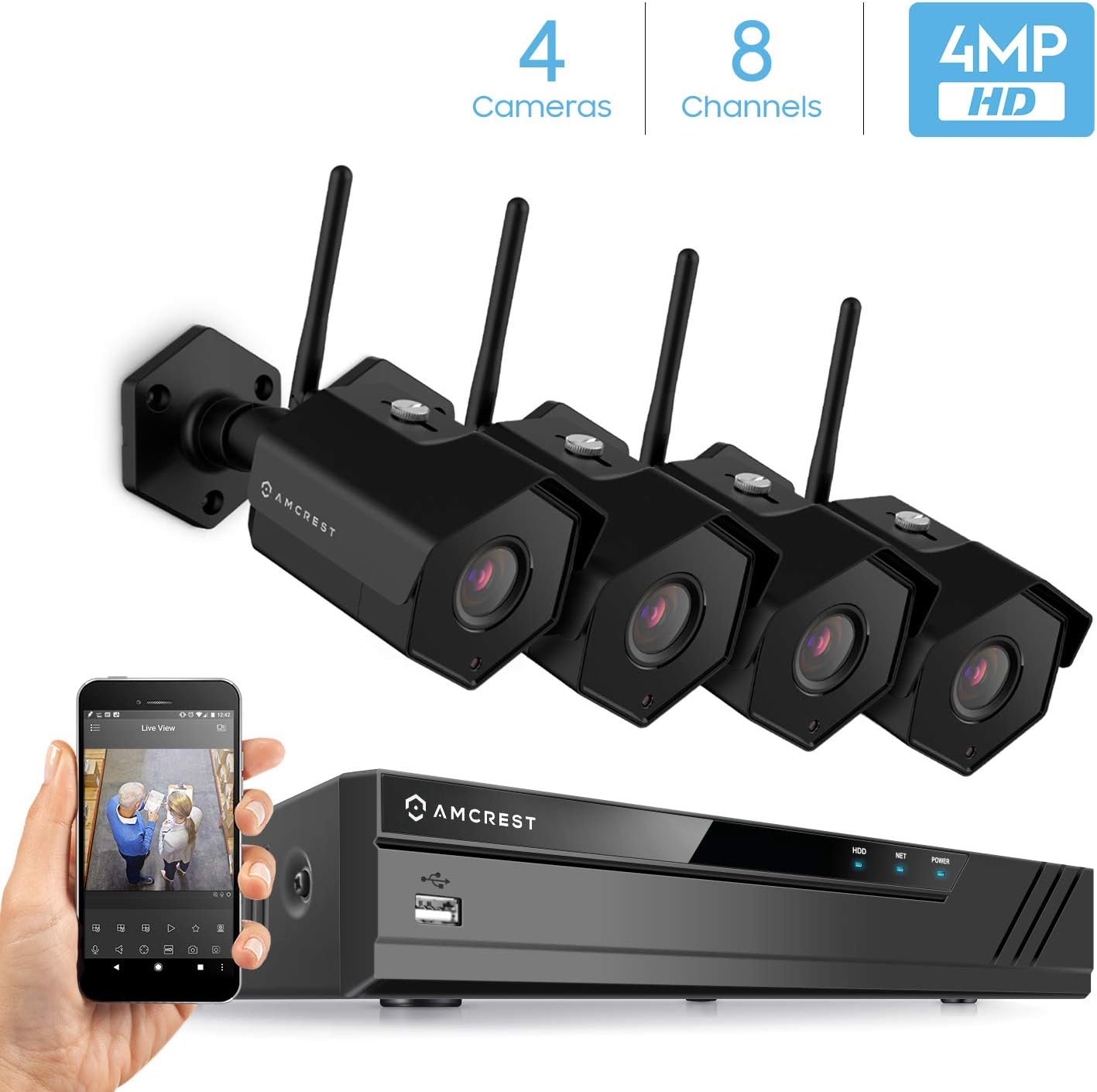 Amcrest 8CH 4MP Security Camera System, w/ 4K NVR, (4) x 4-Megapixel IP67 Weatherproof Bullet WiFi IP Cameras, 3.6mm Angle Lens, Hard Drive Not Included, NV4108-HS-IP4M-1026B4 (Black)