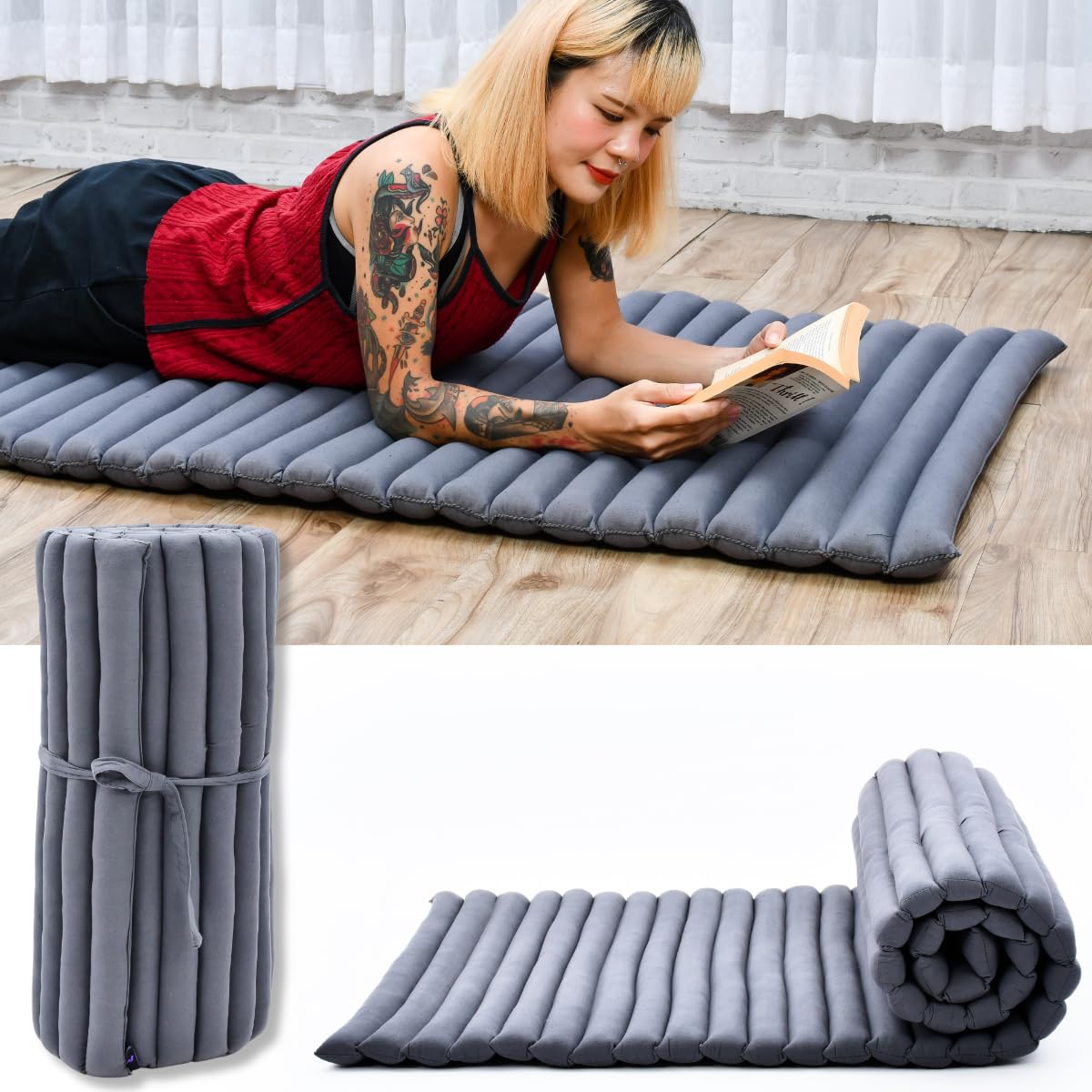 Leewadee Rollable Floor Mat M – Comfortable and Rollable Thai Mattress, Soft Massage Mat Filled with Eco-Friendly Kapok, 190 x 70 cm, anthracite