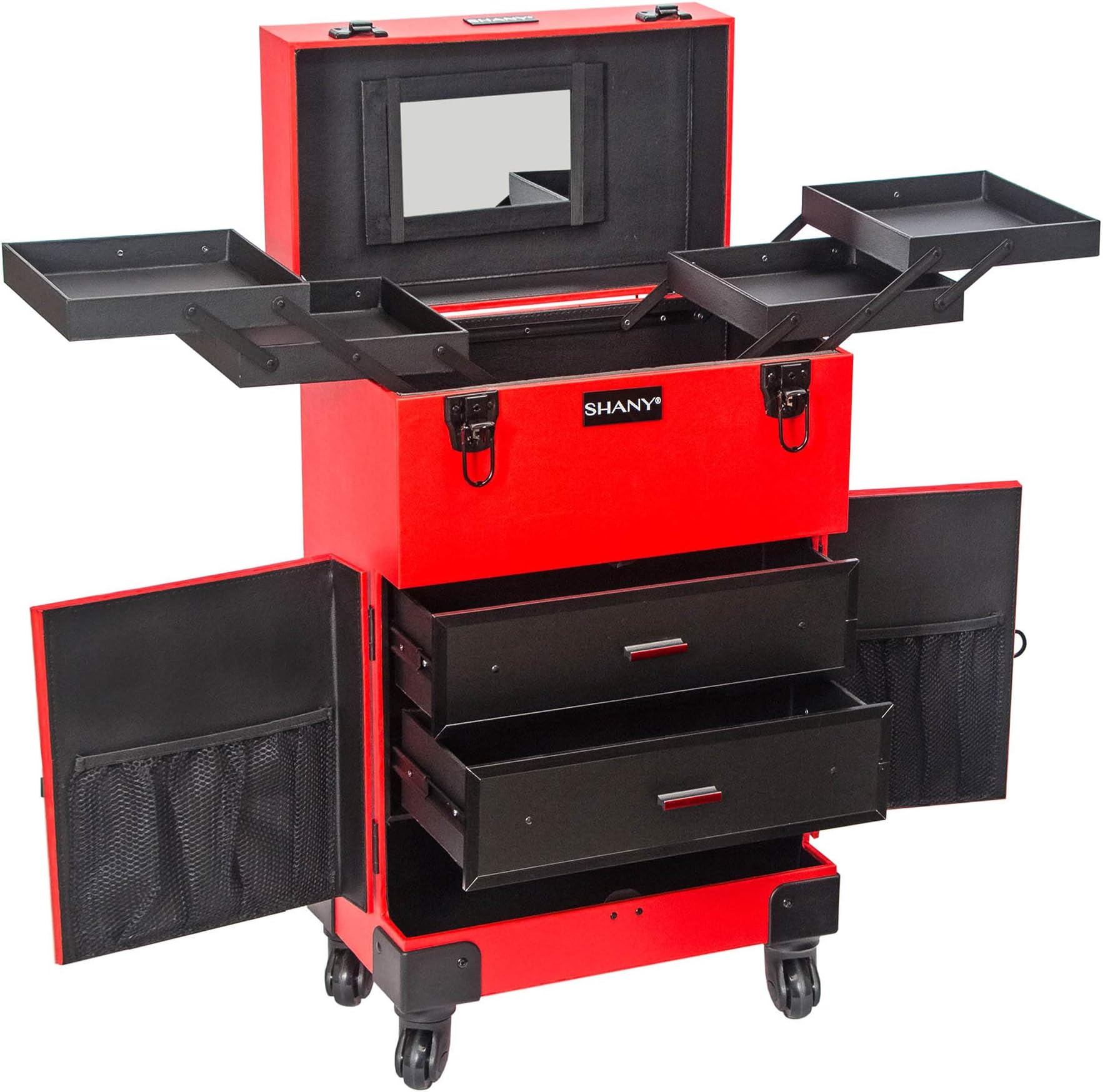 SHANY Large Travel Makeup Case with Mirror - Rolling Cosmetics Case with Multiple Compartments and 360 Degree Wheels - RED