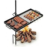 VEVOR Heavy Duty Swivel Campfire Grill, 24" Camping Grill Grate &amp; Griddle | For Outdoor Open Flame Cooking,360&deg; Height Adjustable Over Fire Pit Equipment, Foldable Sturdy Steel BBQ Mesh,black