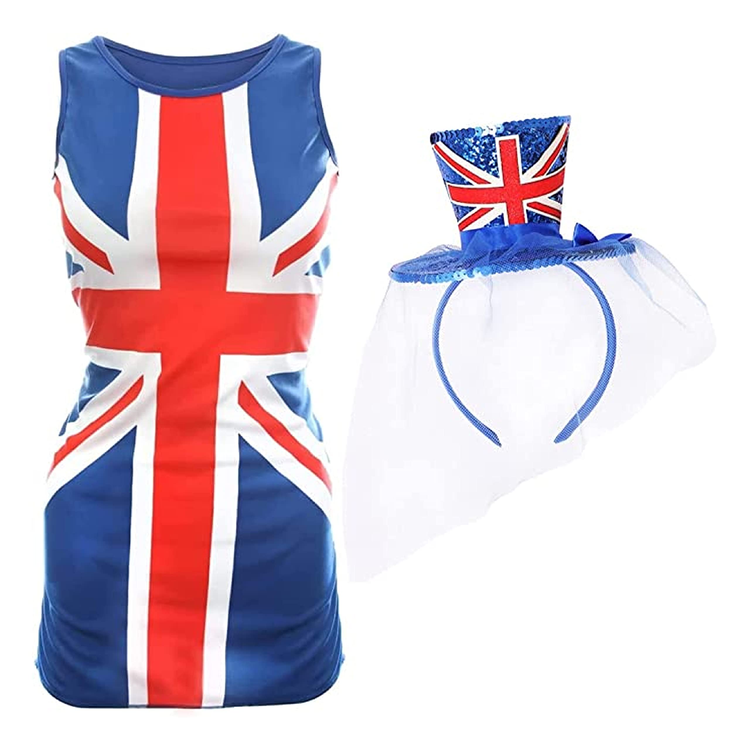 Ladies Union Jack Dress and Mini Fascinator Hat - Small - Blue Dress with Union Jack Flag Design and Mini Union Jack Top Hat with Fascinator - King's Street Party Fancy Dress Cost VE DAY COMMONWEALTH