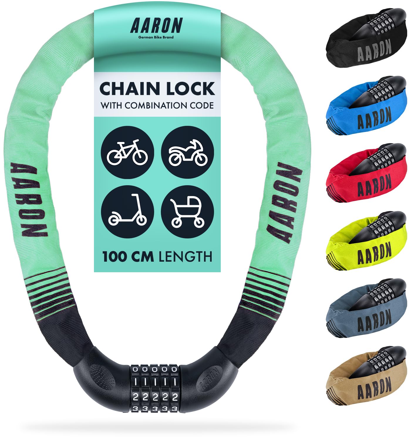 AARON - One Bicycle Lock - 5-Digit Code - Steel Chain for Higher Security - Lock for E-Bikes, Mountain, Trekking, Touring, Racing Bikes and Electric Vehicles in Mint