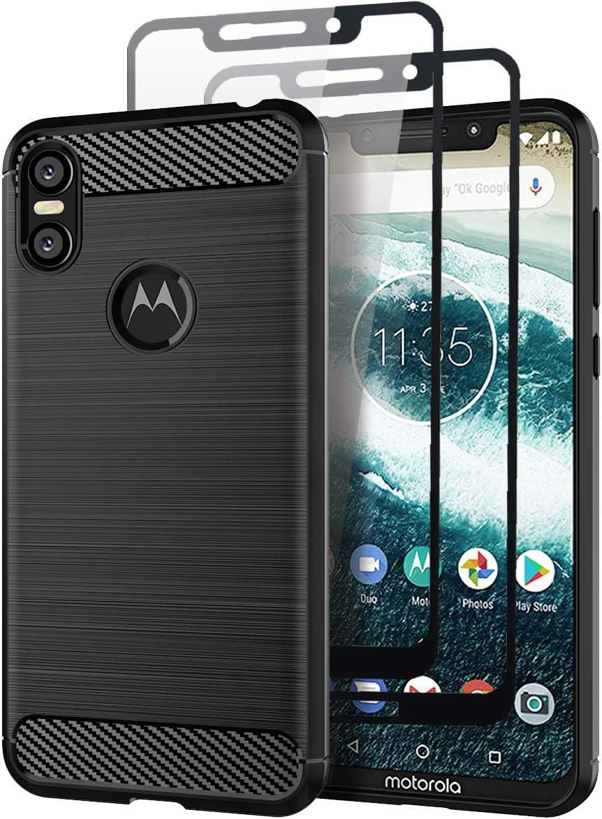 Teayoha Case for Moto One, with Tempered Glass Screen Protector [2 Pack], Carbon Fiber Scratch Resistant, Shock Absorption Soft TPU Drawing Protective Cases Cover - Black