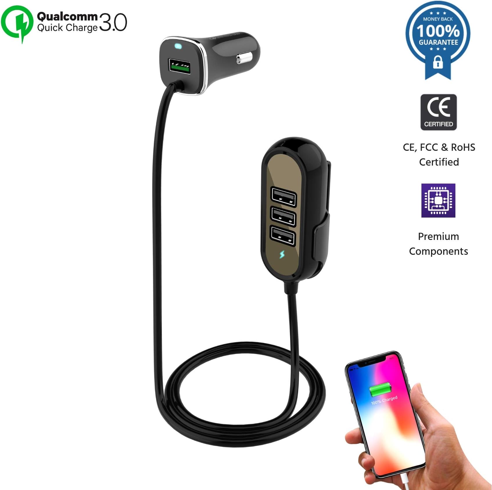 Multi-Port QC3.0 USB Car Charger Adapter Compatible for iPhone 11/XS/Max/XR/X/8/7/Plus, iPad Pro/Air/Mini, Samsung Galaxy S10/10+/9/8/7/Note, LG, Motorola | Cigarette Lighter Charge (Black) (Black)