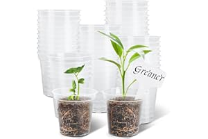 GREANER 60 Packs Clear Plant Nursery Pots, 3 Inch Plastic Pot with Drainage Holes, Reinforced Flower Seed Starter Pot for Indoors Outdoor Plants with 20 Plant Labels - Transparent