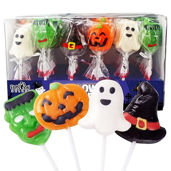 FUSION SELECT CANDY LOLLIPOPS – HALLOWEEN SUCKERS – TRICK OR TREAT CANDIES FOR KIDS – FRANKENSTEIN’S MONSTER, JACK O LANTERN, GHOST & WITCH HAT SWEETS – INDIVIDUALLY WRAPPED – 30 PER BOX