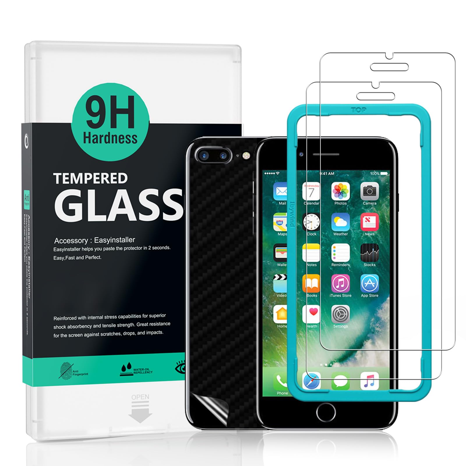 Ibywind Screen Protector (2 Pack) For iPhone 7 Plus/8 Plus,9H Hardness Tempered Glass,With 1 Piece of Back Skin Protector,Easy to Install