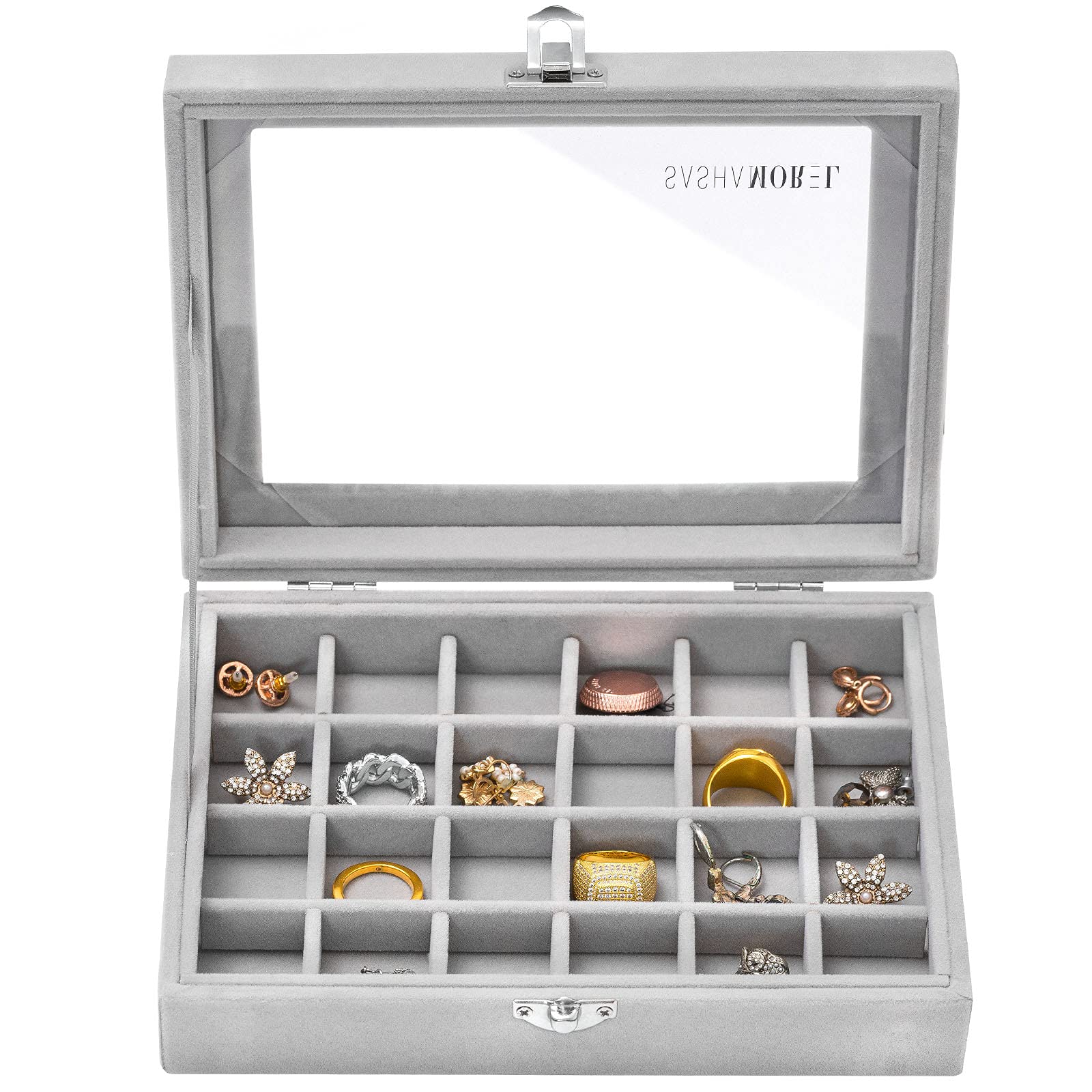 Sasha Morel 24 Slot Jewellery Box | Velvet Jewellery Organiser With Clear Glass Window & Lock | Earring Storage Organiser Display Case | Earring Holder Jewellery Boxes for Women Christmas Gifts