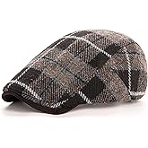 Men Wool Blend Flat-Top Tweed Newsboy Hat/Ivy Cap/Adjustable Plaid Driver's Hat