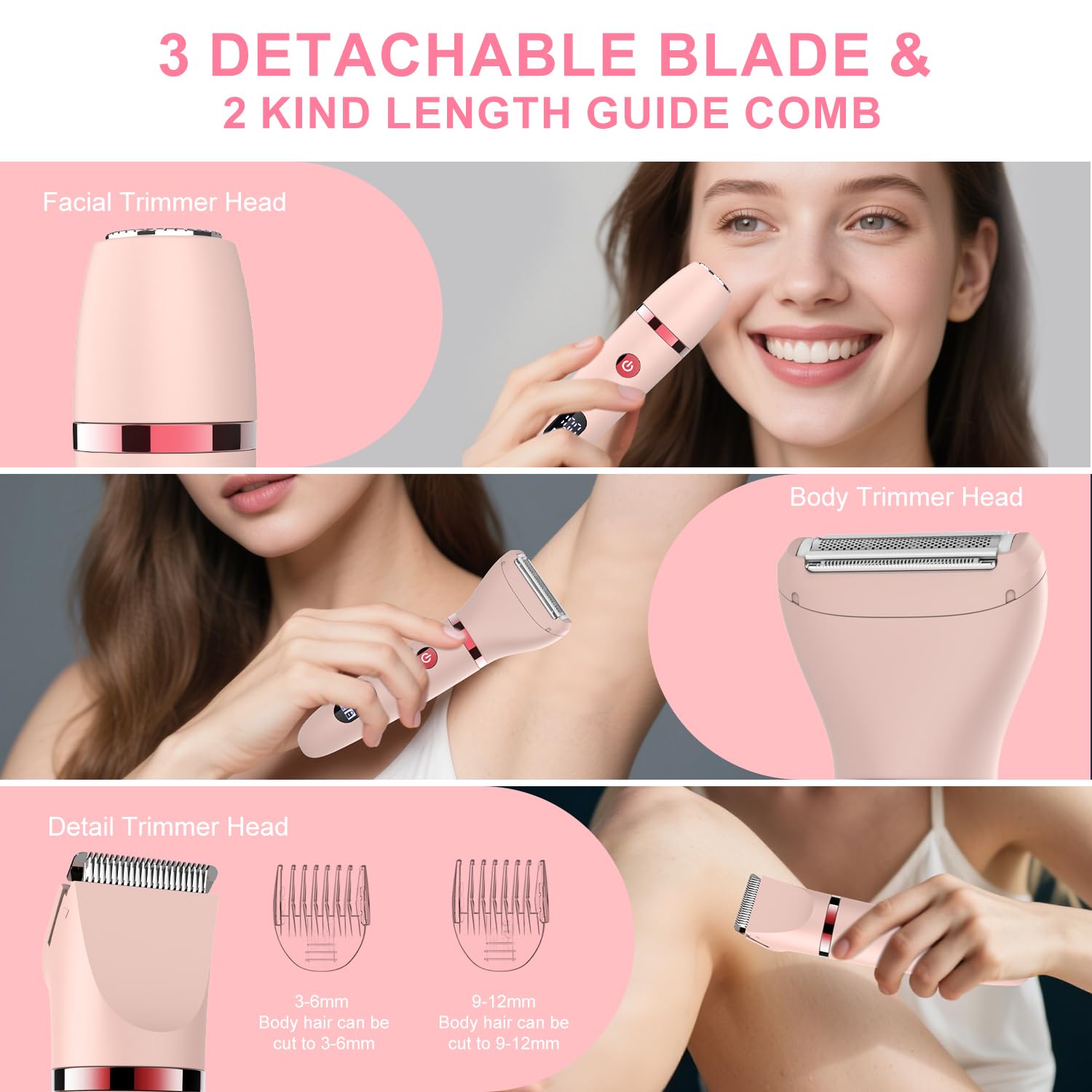 Scttomon Damenrasierer für Gesicht, Achseln, Beine, Arme & Bikinizone Rasierer Elektrorasierer Körpertrimmer Intimrasierer Bikini-Trimmer für Frauen Wasserdicht Nass/Trocken LCD-Display 3-in-1 Rosa 2