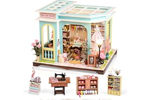 FLYNOVA DIY Miniature House Kit,Tailor Shop Dollhouse Miniature Kit with LED & Furniture,Mini Diorama House Building Kit for Adults,3D Wooden Craft Tiny House Mini Model Kit,Home Decor Family Birthday Gifts