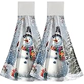Giwawa 2PCs Snowman Kitchen Hanging Towel Christmas Winter Snow Trees Hand Tie With Loop & Hook - Xmas Present Soft Absorbent Dish Tea Bar Washcloth for Bathroom Laundry Room Tabletop Decor