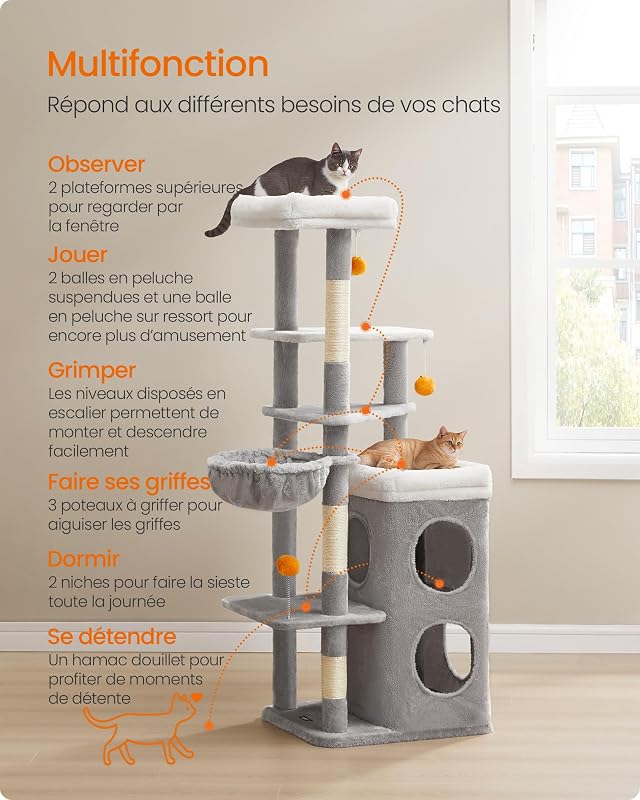 Arbre à Chat 150 cm de Haut, Tour de Jeux à Plusieurs Niveaux