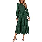 PRETTYGARDEN Women's Fall Spring Midi Dress Long Sleeve Floral Smocked Elegant Wedding Guest Long Flowy Dresses with Pockets