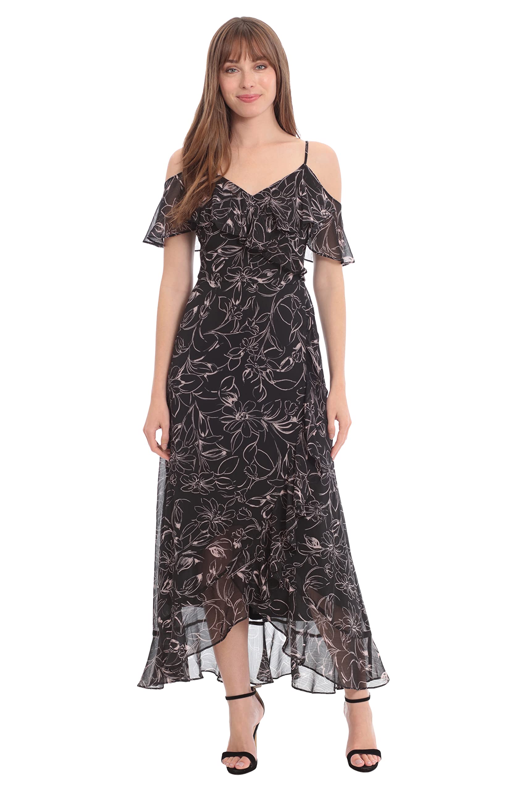 London Times Women’s Floral Printed Cold Shoulder Faux Wrap Hi-Low Maxi Dress with Ruffle Details, Black/Blush