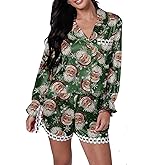 Argeousgor Women Christmas Satin Pajamas Bow Tie 2 Piece Pjs Set Long Sleeve Button Down Shirt Ruffle Shorts Sleepwear