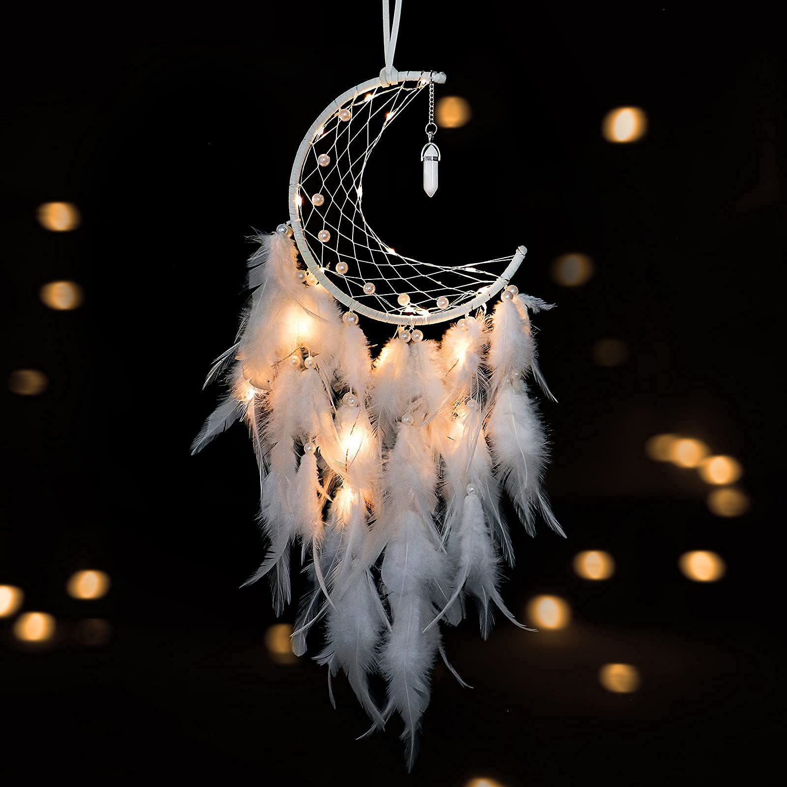 Dremisland Moon Dream Catcher with Fairy Lights Indian Dreamcatcher Kids Bedroom Accessories White Feather Lucky Turquoise Pendant Wall Hanging Decoration for Home Bedroom