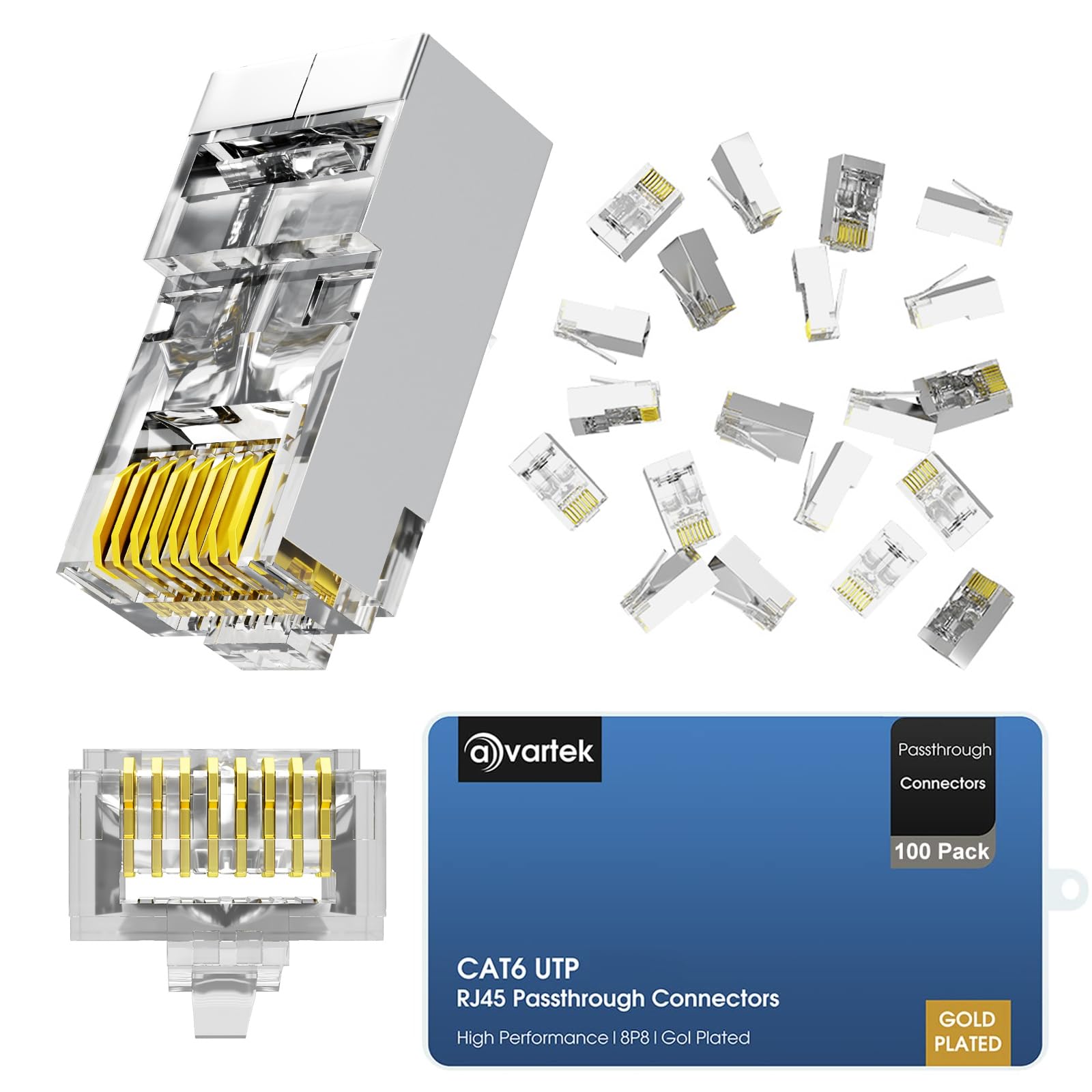 AVARTEK Shielded RJ45 Cat6 CAT6a Pass Through Connectors 100 Pack – Ethernet Gold Plated Connector End Plug For Cat6/Cat5/Cat5e UTP Solid & Stranded Network Cable