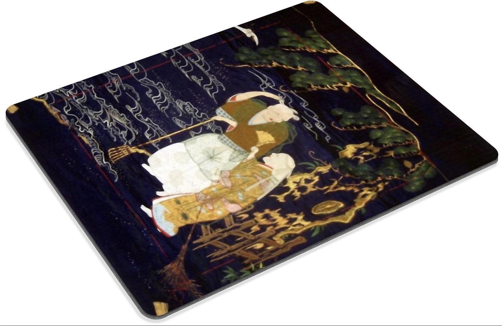 MSD Mouse Pad 19th Century Fukusa Portraying The Legend Of Takasago With Jo And Uba Under A Pine Tree Embroidered Silk And Couched Gold Wrapped Thread On Indigo Dyed Shusa Satin Silk Customized Desktop Laptop Gaming Mousepads