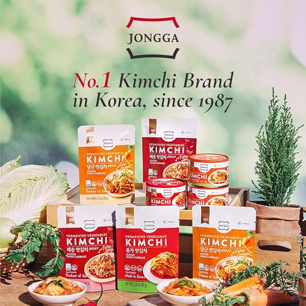 SPICY PREMIUM FERMENTED KIMCHI NAPA CABBAGE [ FUN SIZE POUCH PACK OF 8] – [ORIGINAL] – (GLUTEN FREE / KETO / VEGAN) | 0 FAT/ 0 SUGAR/ 0 CHOLESTEROL | LONG SHELF LIFE | PERFECT FOR RAMEN & STIR-FRIES – JONGGA