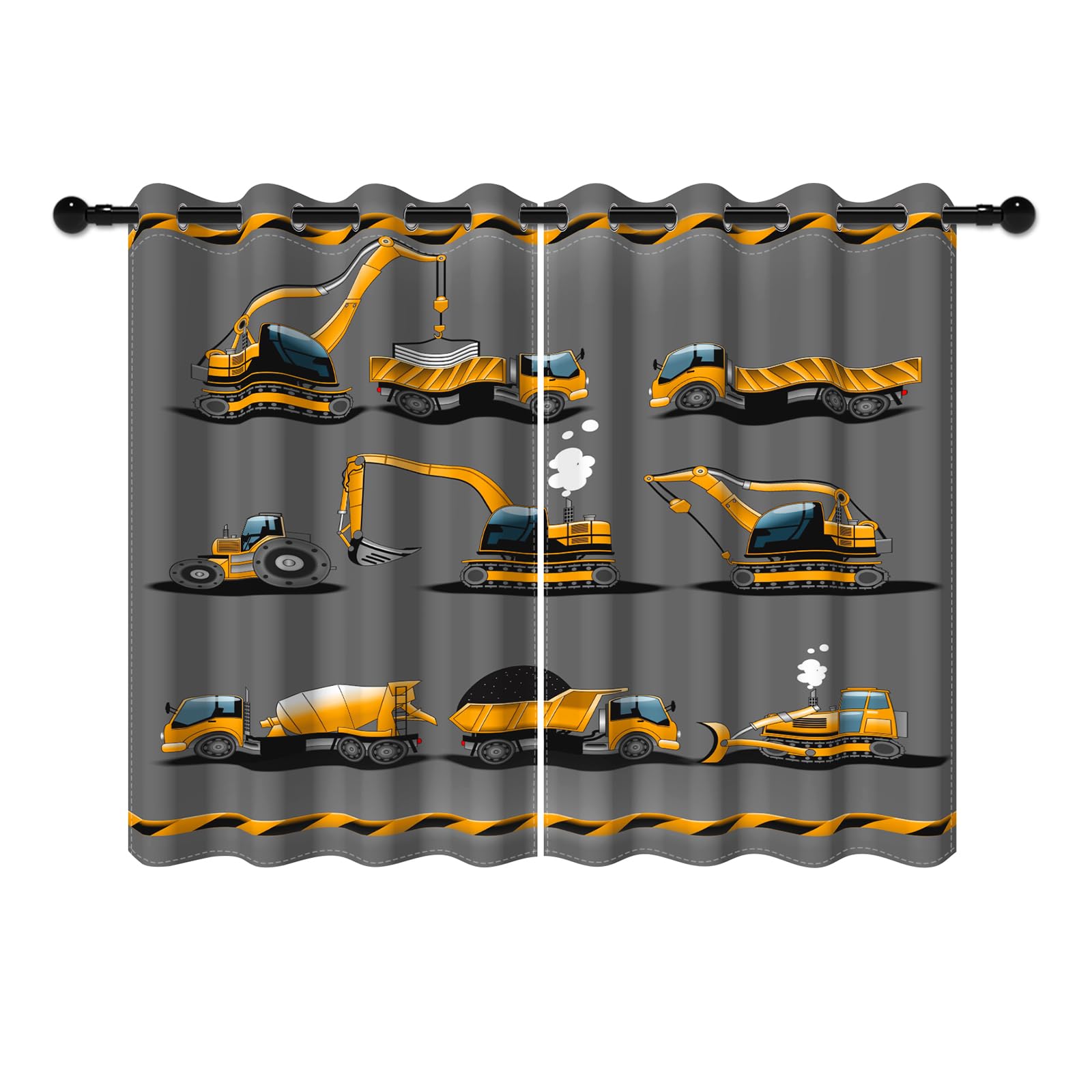 YONGFOTO 117x183cm Digger Curtains for Kids Bedroom, Cartoon Excavator Construction Site Truck Tractor Machinery Car Blackout Window Drapes with Eyelet for Boys Room, 2 Panels